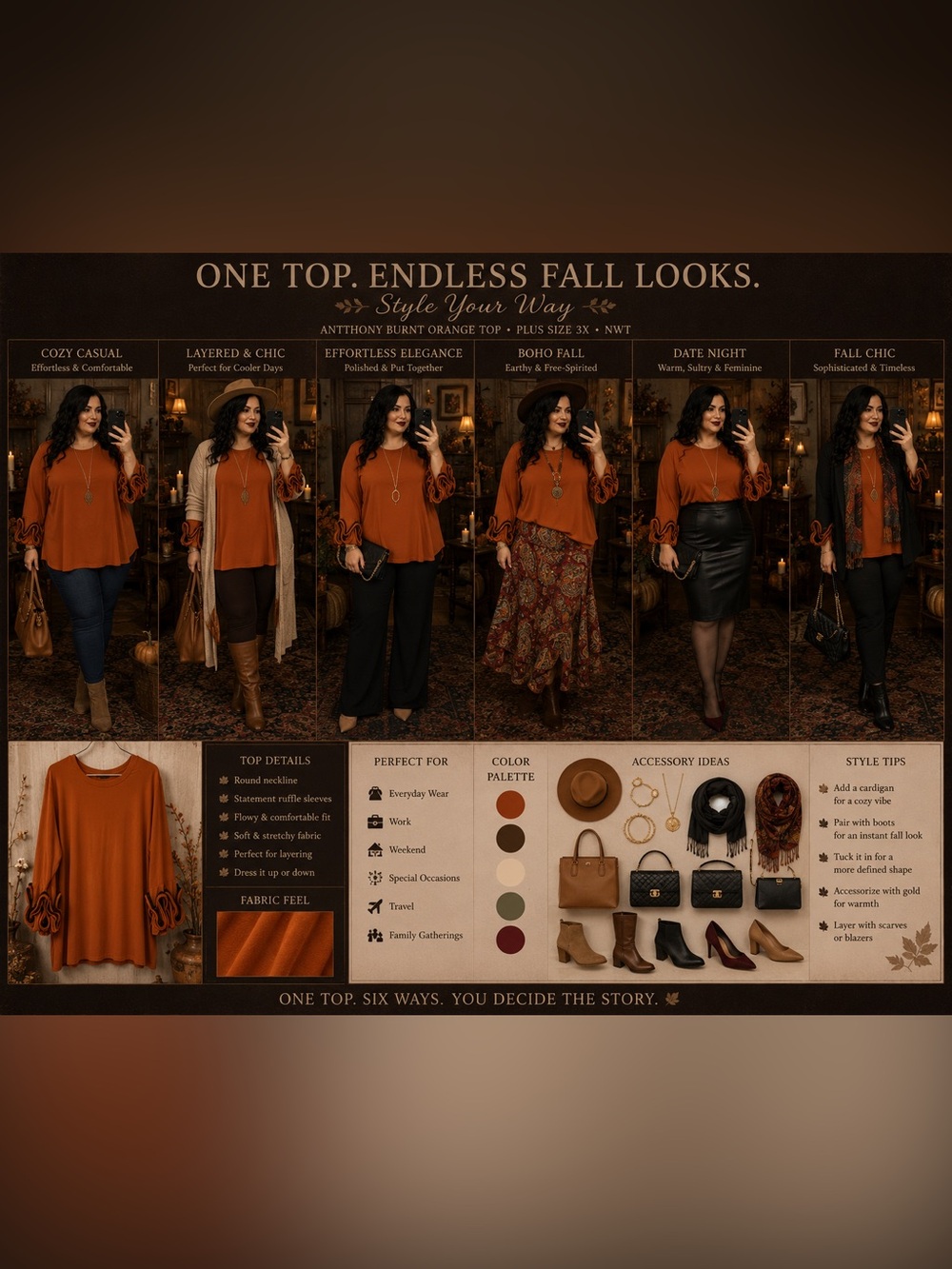 Antthony Burnt Orange Round-Neck Top fall fashion plus size 3x NWT fall tunic